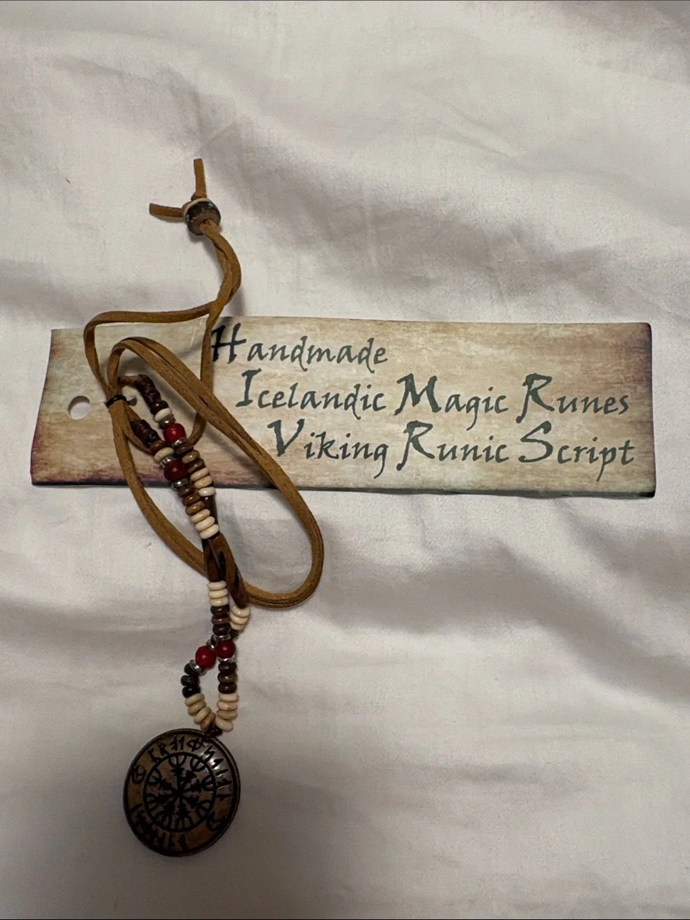 Viking Rune Wall Hanging Ornament with Brown Leather Cord and Red & Cream Beads